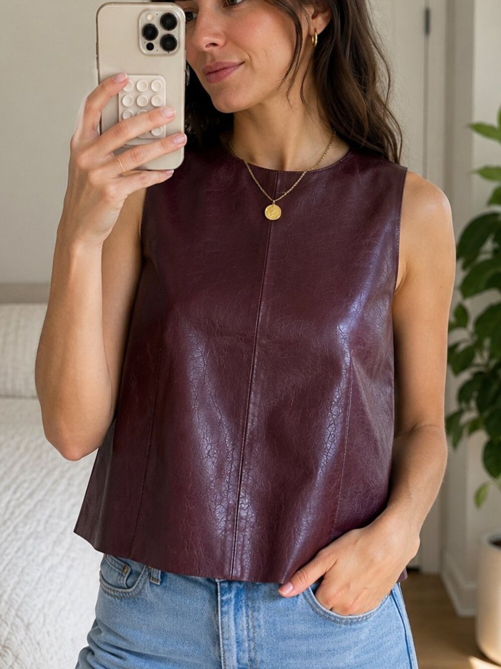 H&M Edition Burgundy Faux Leather Sleeveless Shell Top Size Large Minimalist